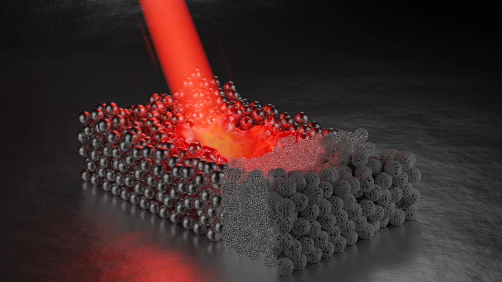 Rendering: laser beam on metal powder, melt pool, on the right the transition from free particles to a computational mesh